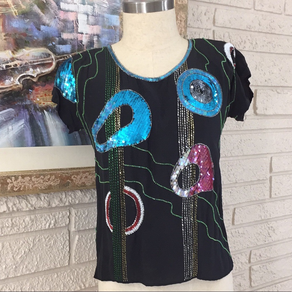 Argenti Vintage 100% Silk Beaded Sequin Top